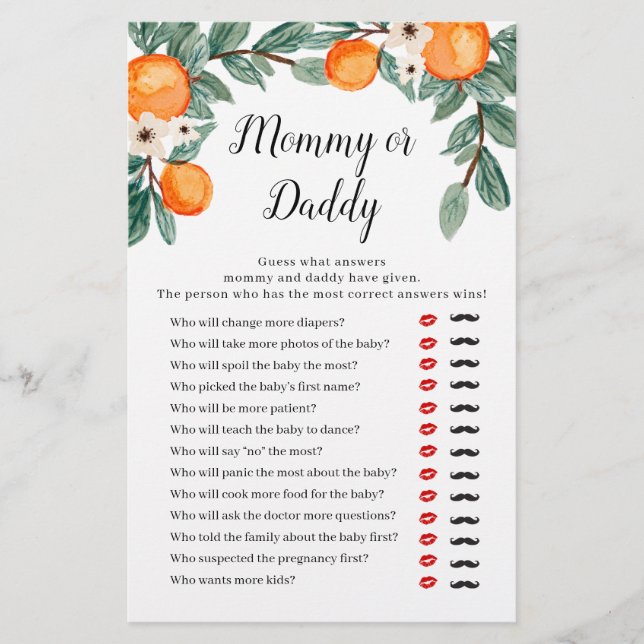 Oranges Twin Baby Shower Mummy or Daddy Game (Front)