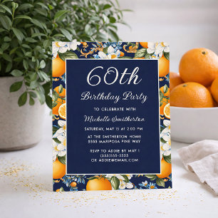 Oranges White Flowers Navy Blue 60th Birthday Invitation