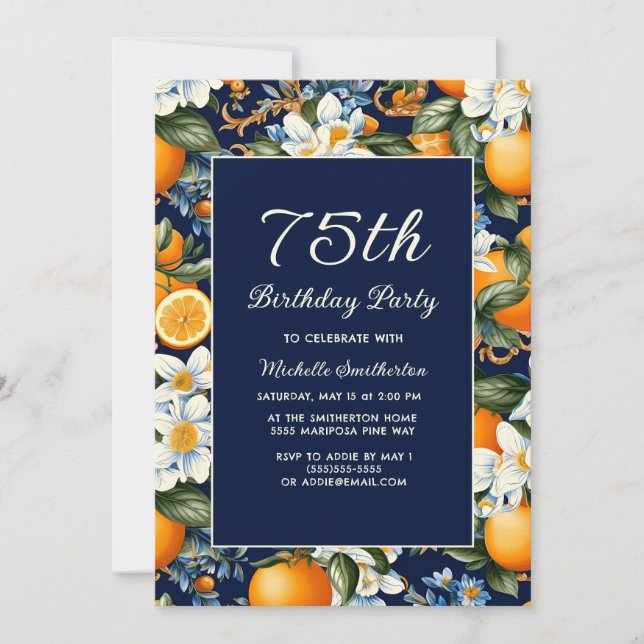 Oranges White Flowers Navy Blue 75th Birthday Invitation (Front)