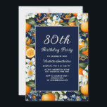Oranges White Flowers Navy Blue 80th Birthday Invitation<br><div class="desc">Celebrate eight decades of cherished memories with timeless elegance using this navy blue and orange floral 80th birthday party invitation. Featuring a rich deep-blue background framed by vibrant oranges, soft white florals, and lush greenery, this design blends classic sophistication with a warm, joyful aesthetic. The milestone age is showcased in...</div>