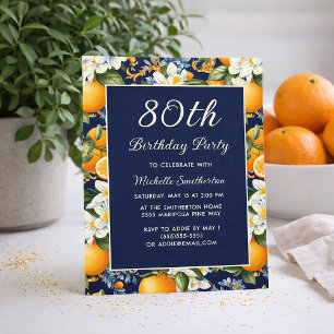 Oranges White Flowers Navy Blue 80th Birthday Invitation