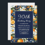 Oranges White Flowers Navy Blue 90th Birthday Invitation<br><div class="desc">Celebrate an extraordinary milestone with timeless elegance using this navy blue and orange floral 90th birthday party invitation. Featuring a rich deep-blue background framed by vibrant oranges, soft white florals, and lush greenery, this design blends classic sophistication with a warm, joyful feel. The milestone age is highlighted in graceful script...</div>
