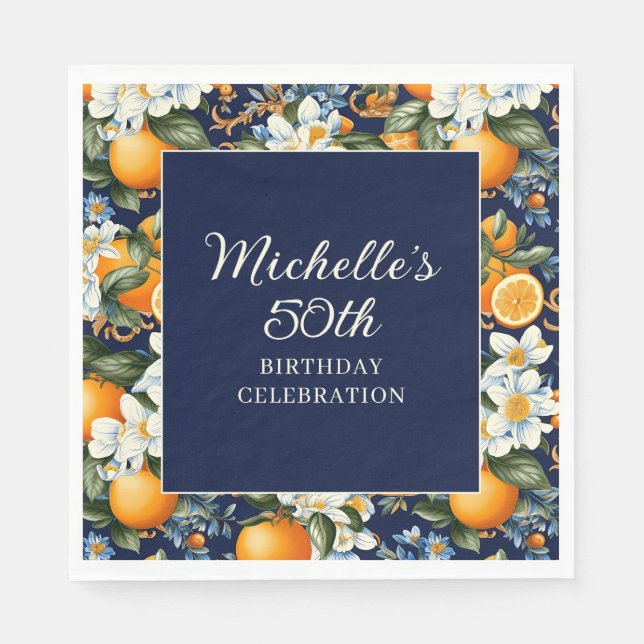 Oranges White Flowers Navy Blue Birthday Welcome Napkin (Front)