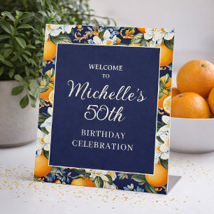 Oranges White Flowers Navy Blue Birthday Welcome Pedestal Sign