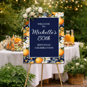 Oranges White Flowers Navy Blue Birthday Welcome Poster