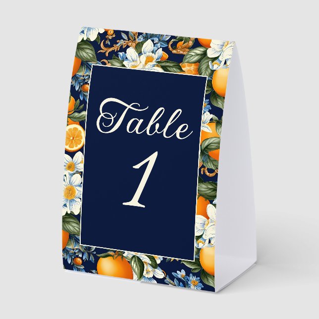Oranges White Flowers Navy Blue Table Number (Front)