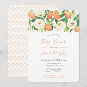 Oranges White Moroccan Quatrefoil Baby Shower Invitation