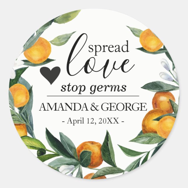 Oranges wreath Wedding Hand Sanitizer Classic Round Sticker (Front)