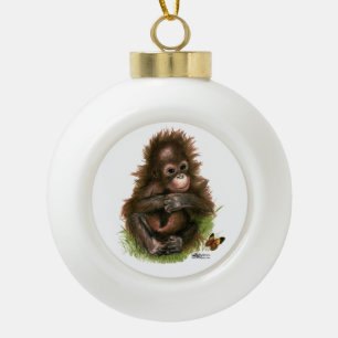 Orangutan Baby and Butterfly Ceramic Ball Christmas Ornament
