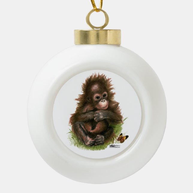 Orangutan Baby and Butterfly Ceramic Ball Christmas Ornament (Front)