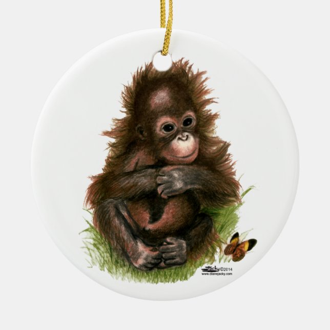 Orangutan Baby and Butterfly Ceramic Tree Decoration (Front)