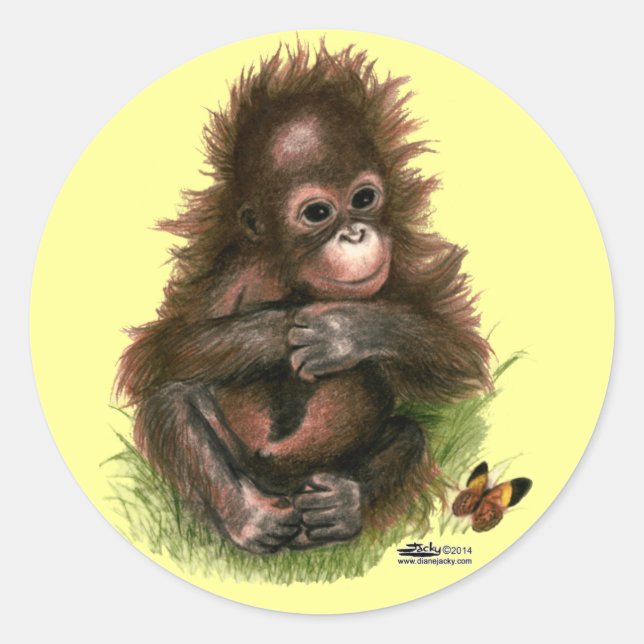 Orangutan Baby and Butterfly Classic Round Sticker (Front)