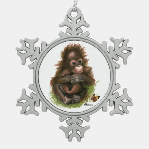 Orangutan Baby and Butterfly Snowflake Pewter Christmas Ornament