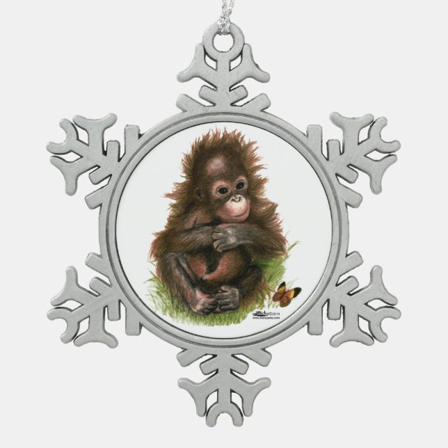 Orangutan Baby and Butterfly Snowflake Pewter Christmas Ornament (Front)