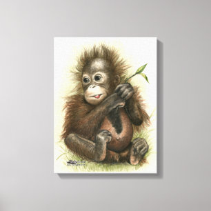 Orangutan Baby With Leaves Canvas Print