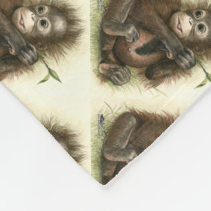 Orangutan Baby With Leaves Fleece Blanket
