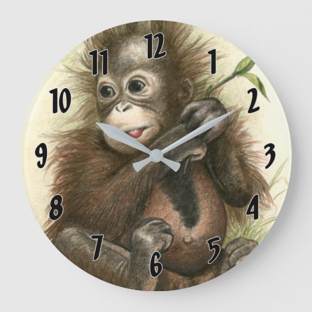 Orangutan Baby With Leaves Large Clock (Front)