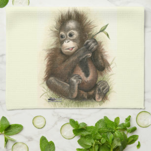 Orangutan Baby With Leaves Tea Towel