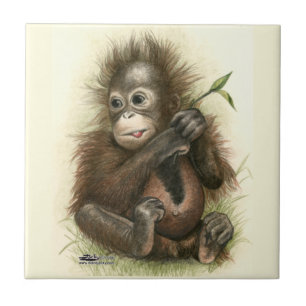 Orangutan Baby With Leaves Tile