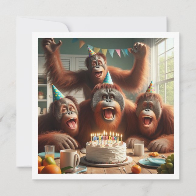 Orangutangs celebrating, ape picture birthday invitation (Front)