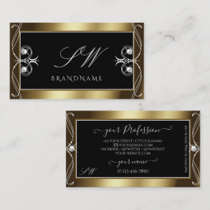 Orante Black Brown Golden Sparkle Jewels Monogram Business Card