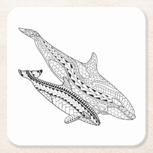 Orca And Baby Adult Colouring Paper Coaster