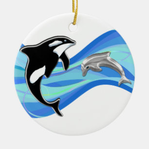 Orca and Dolphin in the Waves Ceramic Tree Decoration