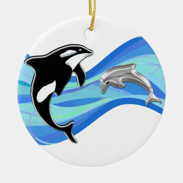Orca and Dolphin in the Waves Ceramic Tree Decoration (Front)