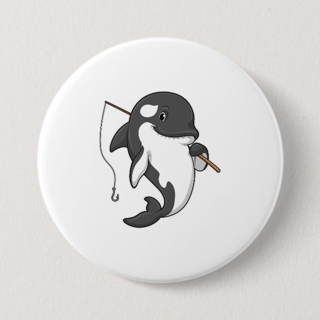 Orca as Fisher with Fishing rod 7.5 Cm Round Badge (Front)