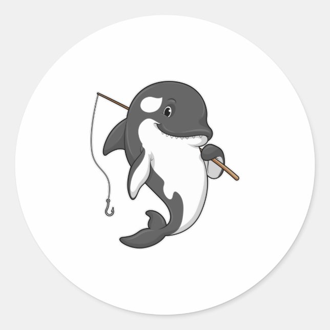 Orca as Fisher with Fishing rod Classic Round Sticker (Front)
