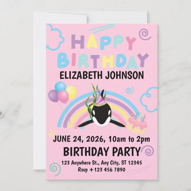 Orca Birthday Party Invitation in Pink (Front)