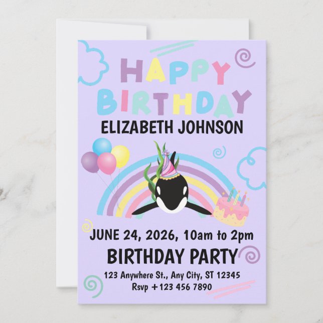 Orca Birthday Party Invitation in Purple (Front)