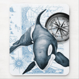 Orca Blue Compass Vintage Map Mouse Mat