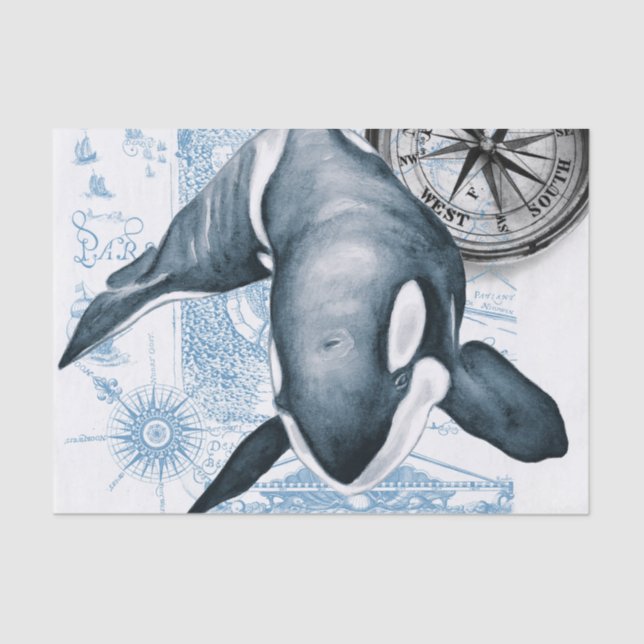 Orca Blue Compass Vintage Map Tissue Paper (Front)