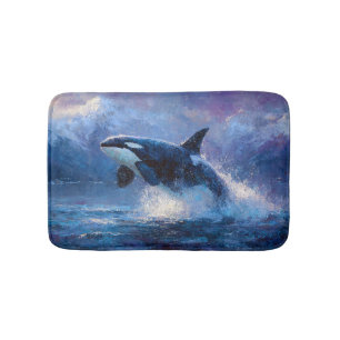 Orca Breaching Near Snowy Mountains Bath Mat