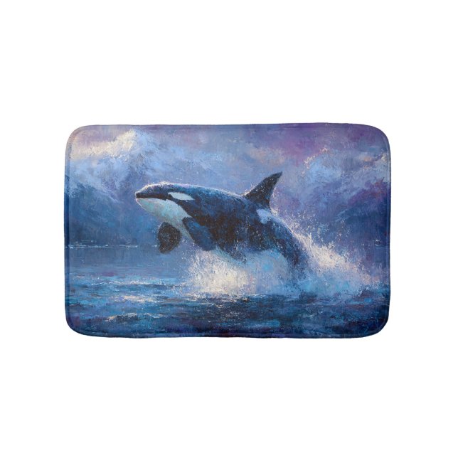 Orca Breaching Near Snowy Mountains Bath Mat (Front)
