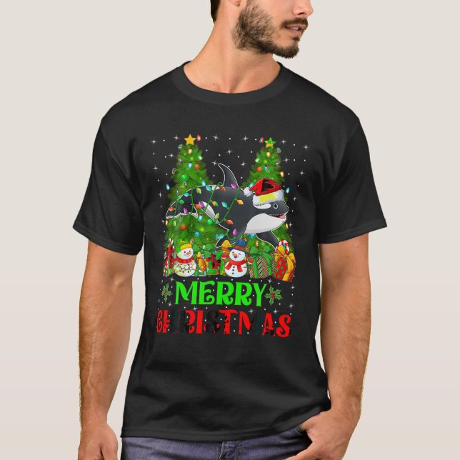 Orca Christmas Tree Lights Matching Family Santa O T-Shirt (Front)