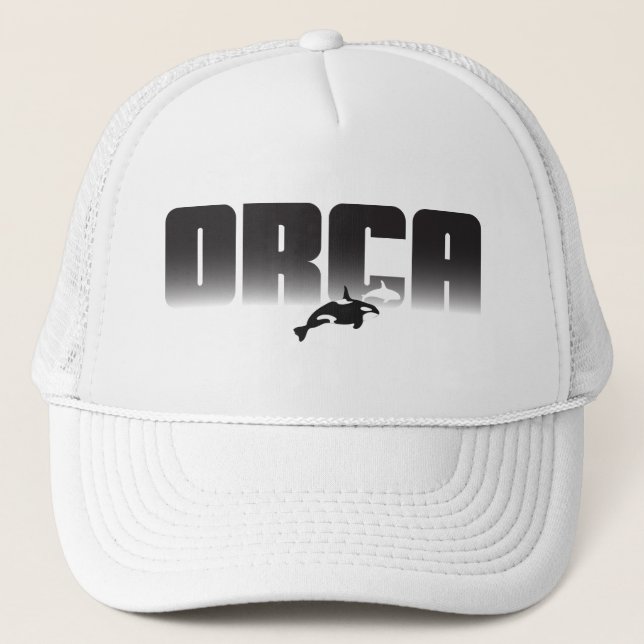 ORCA Cool Black and White Typographic Design Trucker Hat (Front)