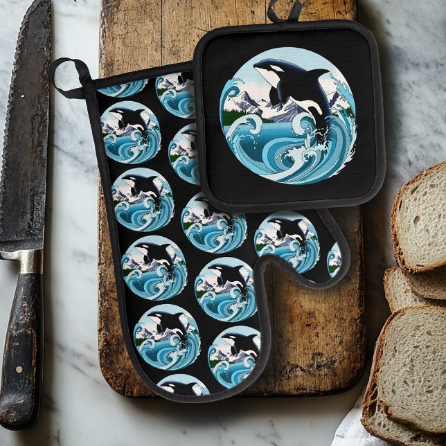 Orca Killer Whale Blue Ocean Oven Mitt & Pot Holder Set (Creator Uploaded)