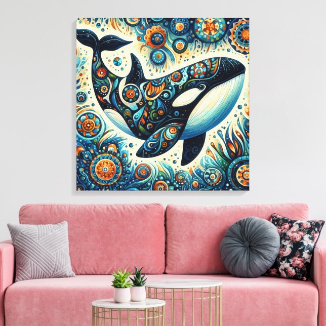 Orca Killer Whale Floral Whimsical Nautical Beach Canvas Print (Insitu(LivingRoom))