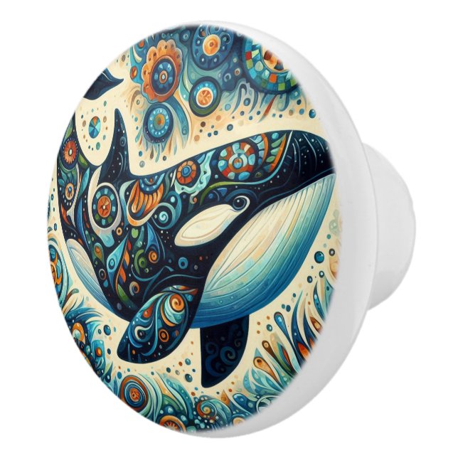 Orca Killer Whale Floral Whimsical Nautical Beach Ceramic Knob (Right)