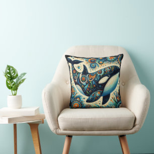 Orca Killer Whale Floral Whimsical Nautical Beach Cushion