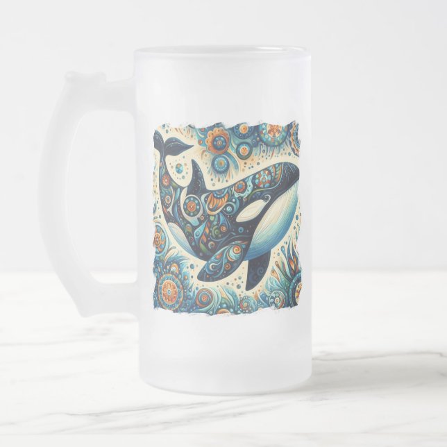 Orca Killer Whale Floral Whimsical Nautical Beach Frosted Glass Beer Mug (Left)
