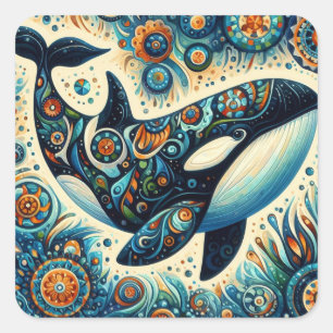 Orca Killer Whale Floral Whimsical Nautical Beach Square Sticker