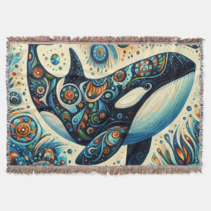 Orca Killer Whale Floral Whimsical Nautical Beach Throw Blanket