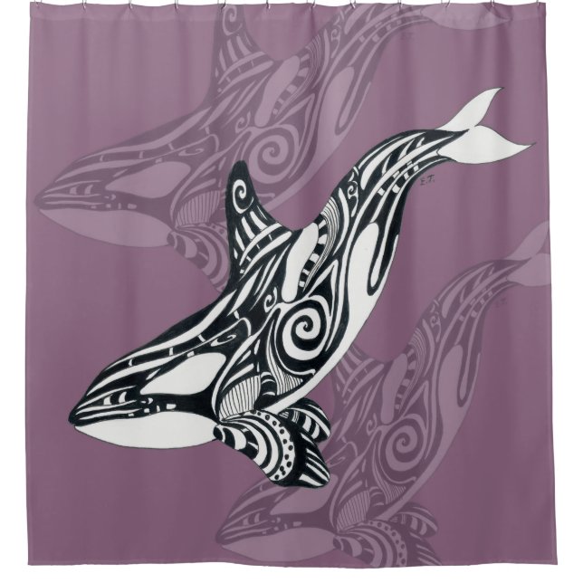 Orca Killer Whale mauve Purple Tlingit Tribal Ink Shower Curtain (Front)