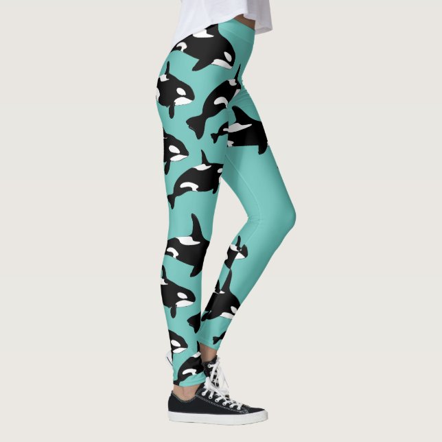 Orca Killer Whale Pattern on Teal Blue Ocean Leggings (Right)
