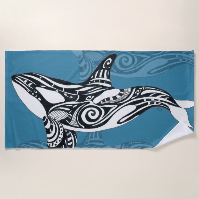 Orca Killer Whale Tlingit Indigo Blue ink Beach Towel (Front)