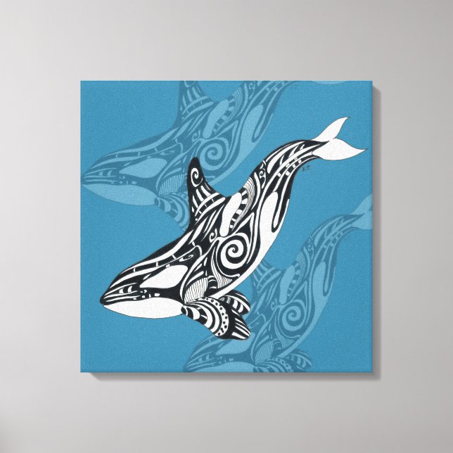Orca Killer Whale Tlingit Indigo Blue ink Canvas Print (Front)