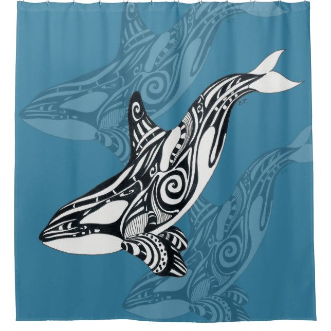 Orca Killer Whale Tlingit Indigo Blue ink Shower Curtain (Front)